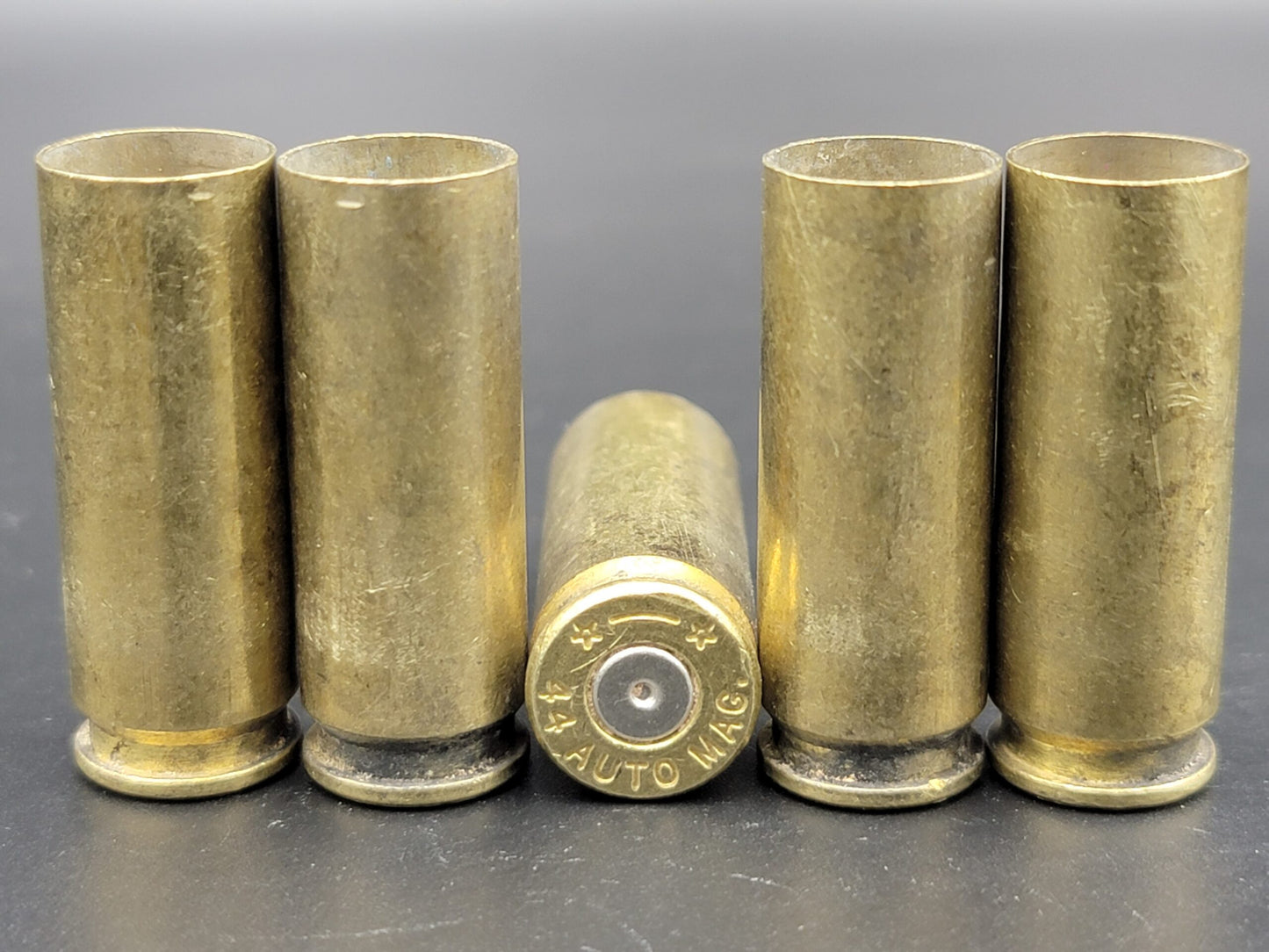 44 Auto Mag once fired pistol brass. Hand sorted from reputable indoor/military ranges for reloading. Reliable spent casings for precision shooting.