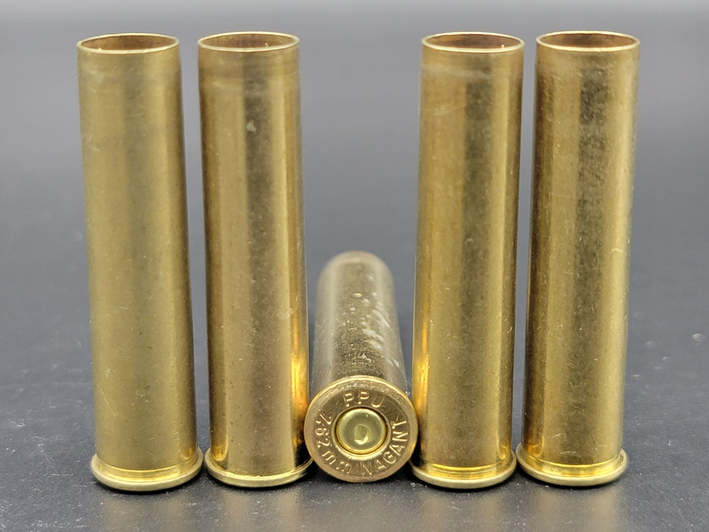 7.62 Russian Nagant once fired pistol brass. Hand sorted from reputable indoor/military ranges for reloading. Reliable spent casings for precision shooting.