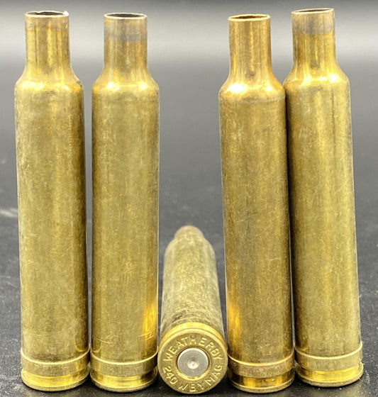 240 Weatherby Mag once fired rifle brass. Hand sorted from reputable indoor/military ranges for reloading. Reliable spent casings for precision shooting.