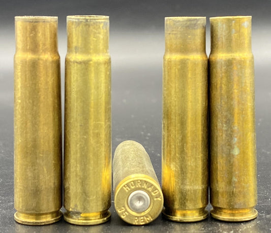 35 Rem once fired rifle brass. Hand sorted from reputable indoor/military ranges for reloading. Reliable spent casings for precision shooting.