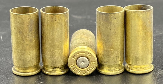 38 Super Auto once fired pistol brass. Hand sorted from reputable indoor/military ranges for reloading. Reliable spent casings for precision shooting.