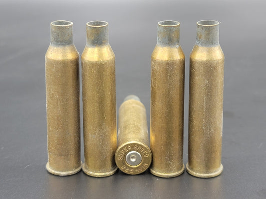 225 Win Super Speed once fired rifle brass. Hand sorted from reputable indoor/military ranges for reloading. Reliable spent casings for precision shooting.