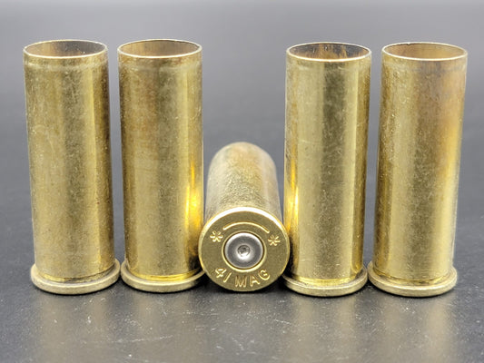 41 Rem Mag once fired pistol brass. Hand sorted from reputable indoor/military ranges for reloading. Reliable spent casings for precision shooting.