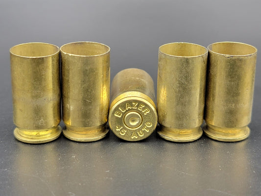 45 ACP LP/SP once fired pistol brass. Hand sorted from reputable indoor/military ranges for reloading. Reliable spent casings for precision shooting.