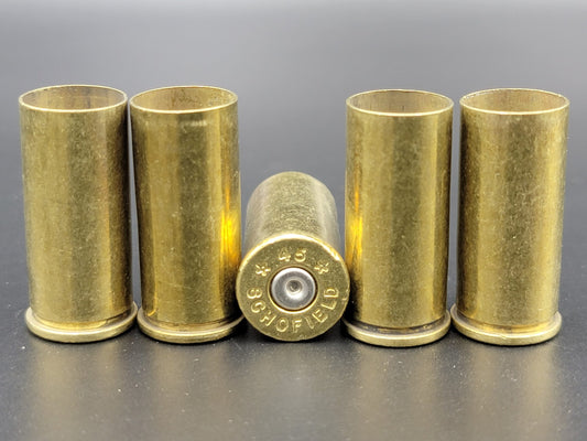 45 Schofield once fired pistol brass. Hand sorted from reputable indoor/military ranges for reloading. Reliable spent casings for precision shooting.
